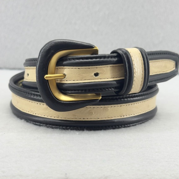 Vintage Carlisle Women's Belt Black Cream Leather with Gold Tone Buckle Size L - Picture 1 of 7